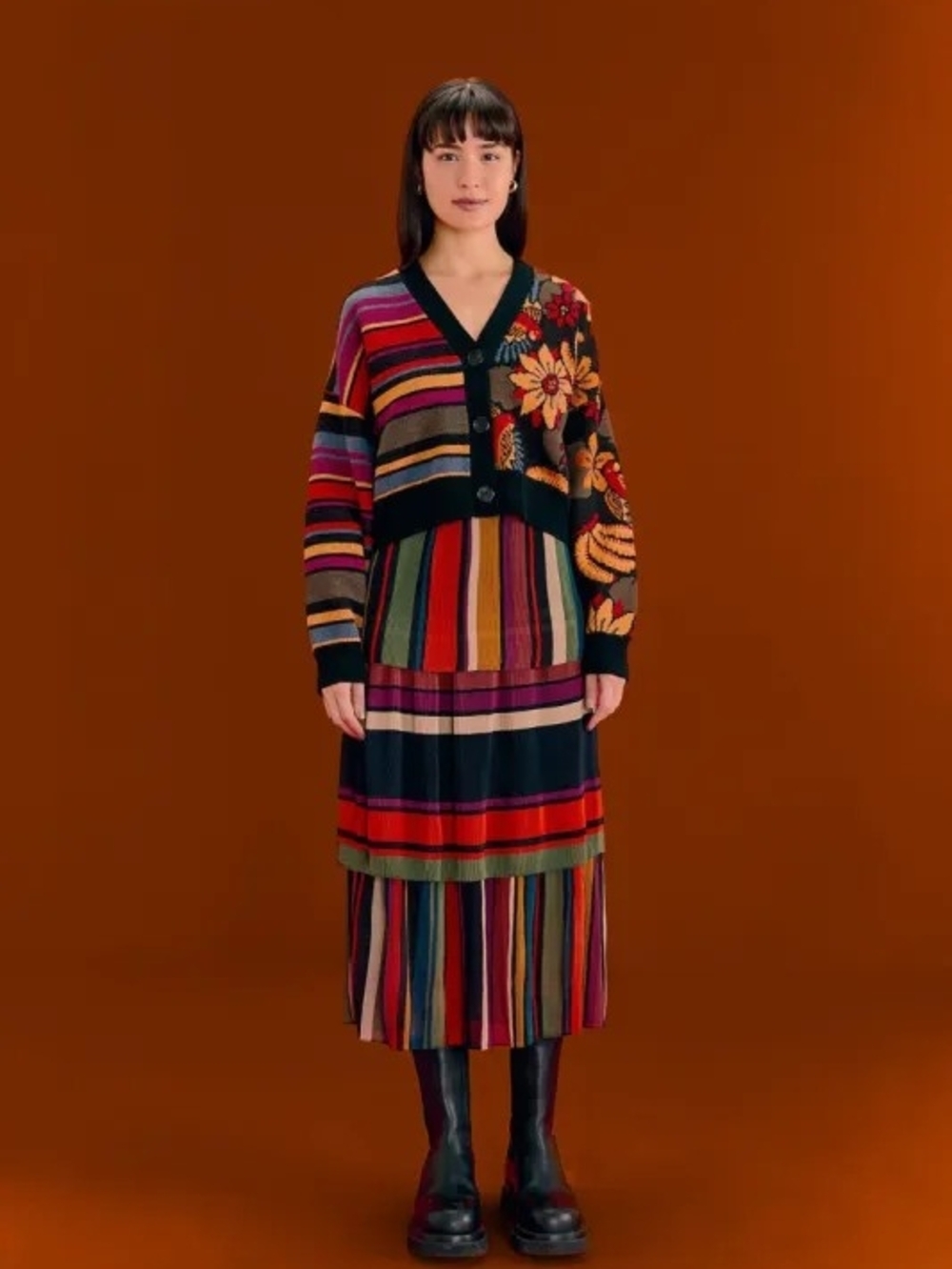 FARM Rio Ballet Striped Tiered Midi Skirt